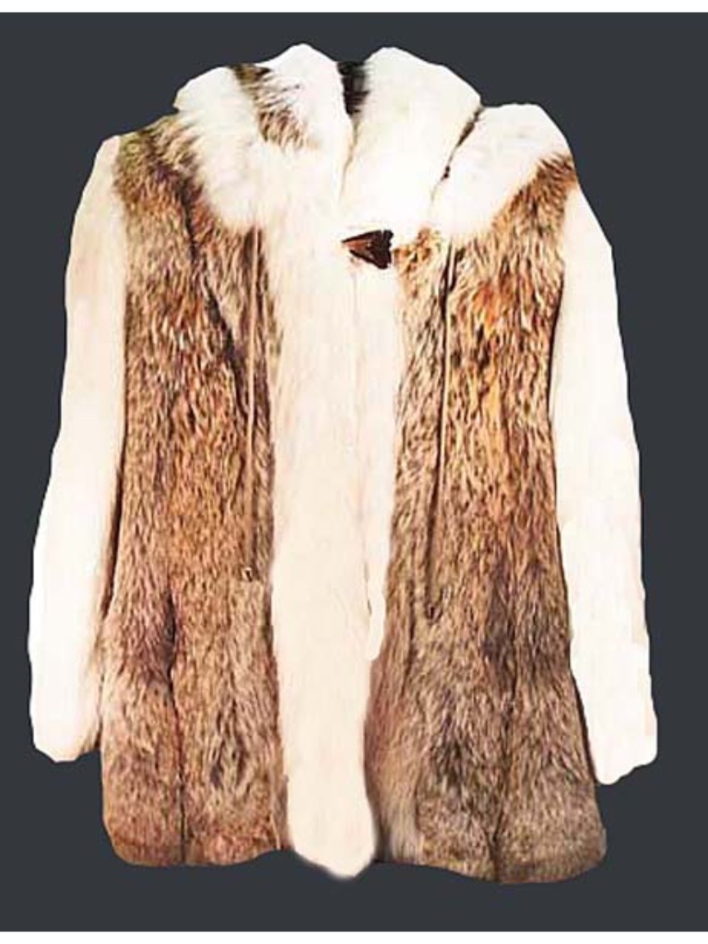 JACKET, COYOTE FUR, WHITE FOX SLEEVES, MISSES MEDIUM, FUR COLLAR & HOOD, BROWN/